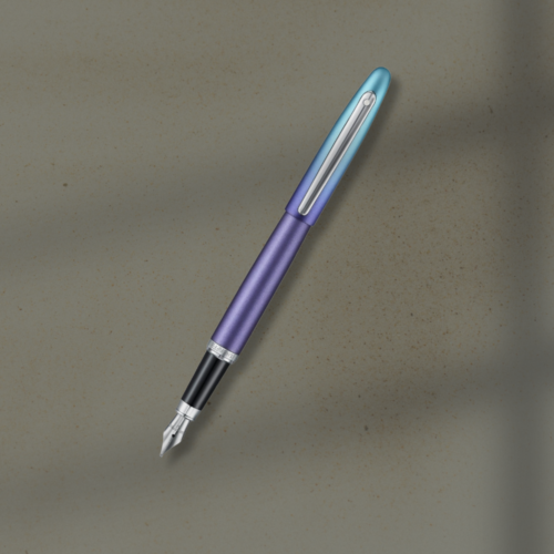 Purple and teal fountain pen lying diagonally on a beige textured background, ready for writing.