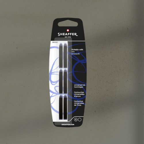 Pack of Sheaffer universal ink cartridges on a black-and-white packaging with blue swirls on a gray background.
