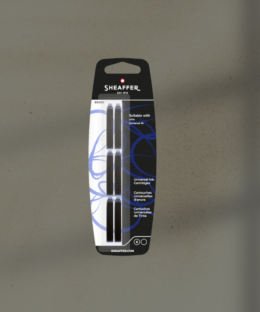 Pack of Sheaffer universal ink cartridges on a black-and-white packaging with blue swirls on a gray background.
