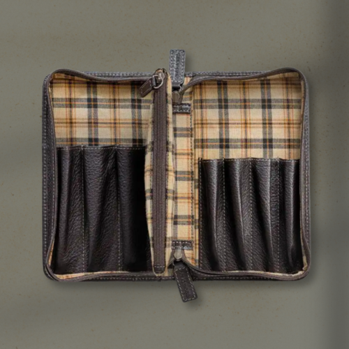 Open leather wallet with plaid fabric interior and multiple card slots on both sides