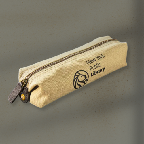 Beige canvas pencil case with a zipper, featuring the New York Public Library logo on the side.