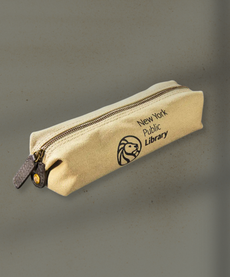 Beige canvas pencil case with a zipper, featuring the New York Public Library logo on the side.