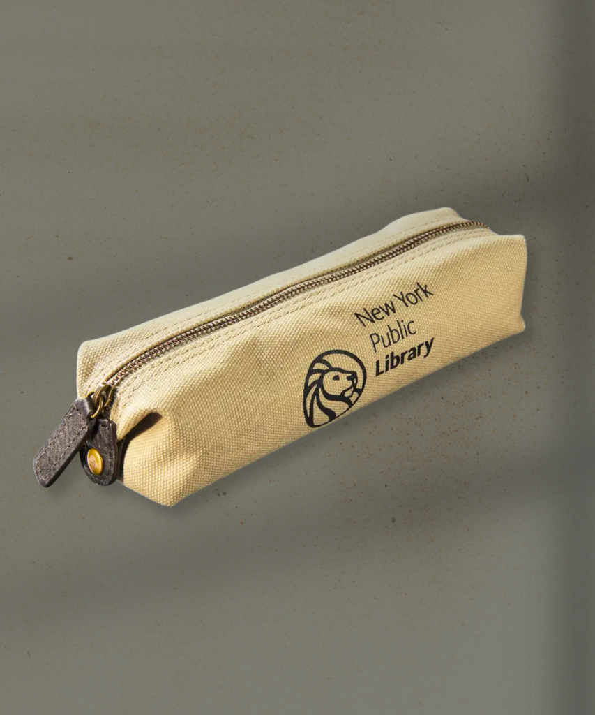 Beige canvas pencil case with a zipper, featuring the New York Public Library logo on the side.