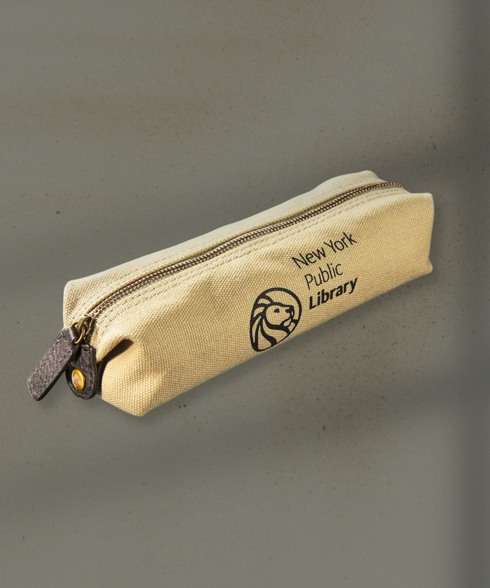 Beige canvas pencil case with a zipper, featuring the New York Public Library logo on the side.