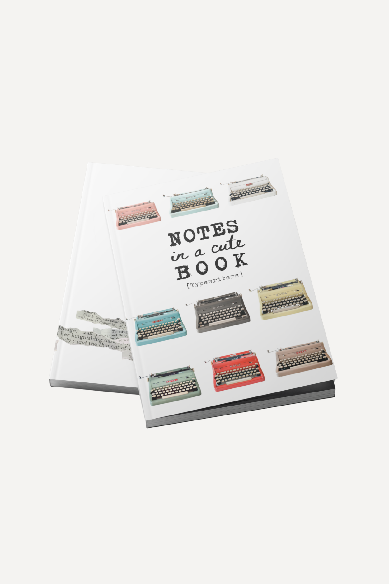 Cover of a white book titled 'NOTES in a cute BOOK' with pastel vintage typewriters printed around the text, tilted on a light background.