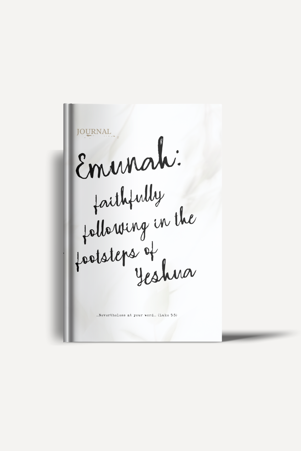 Book cover titled 'Emunah: faithfully following in the footsteps of Yeshu' with a soft white background and 'Journal' branding left top.