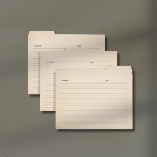 Three beige filing folders with lined index pages and subject/date headers stacked on a textured background