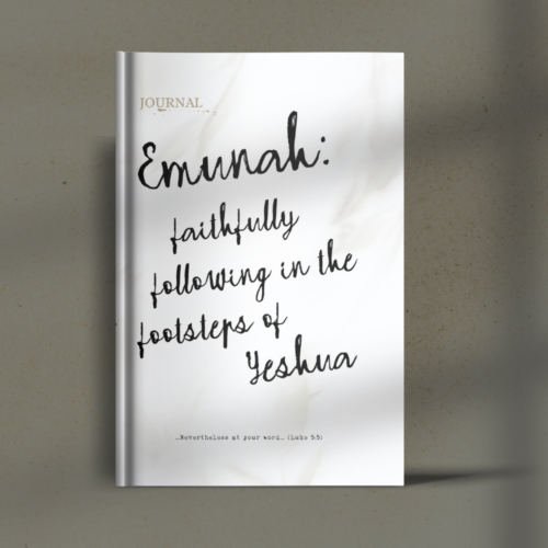 Book cover: title 'Emunah: faithfully following in the footsteps of Yeshua' with 'Journal' label on a white marble-like background.