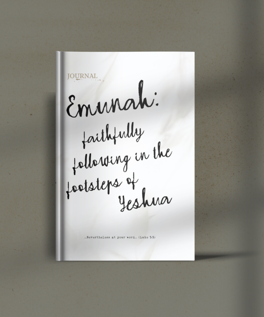 Book cover: title 'Emunah: faithfully following in the footsteps of Yeshua' with 'Journal' label on a white marble-like background.
