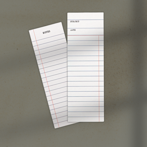 Two white index cards with ruled lines, one labeled NOTES and the other showing SUBJECT and DATE, overlapping on a beige surface.