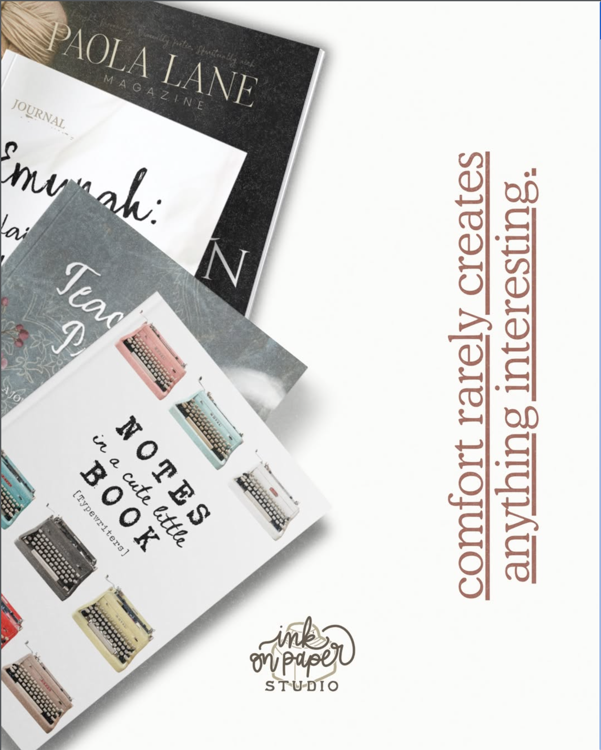 Tilted spread of vintage magazines with handwritten typography and typewriter images, on a white background (logo 'ink on paper studio' bottom center).