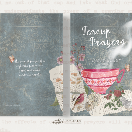 Two book covers side by side on a muted blue patterned background. Left cover shows a damask design and a Bible-verse-style text about righteous prayer. Right cover features the title 'Teach Prayers' with a pink patterned teacup and floral accents, subtitle 'A Journal for Intercession & Answered Prayers'.