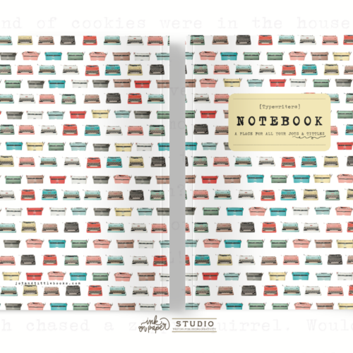 Notebook cover with a repeating pattern of colorful vintage typewriters and a central cream label that says NOTEBOOK by Typewriters, Ink On Paper Studio.