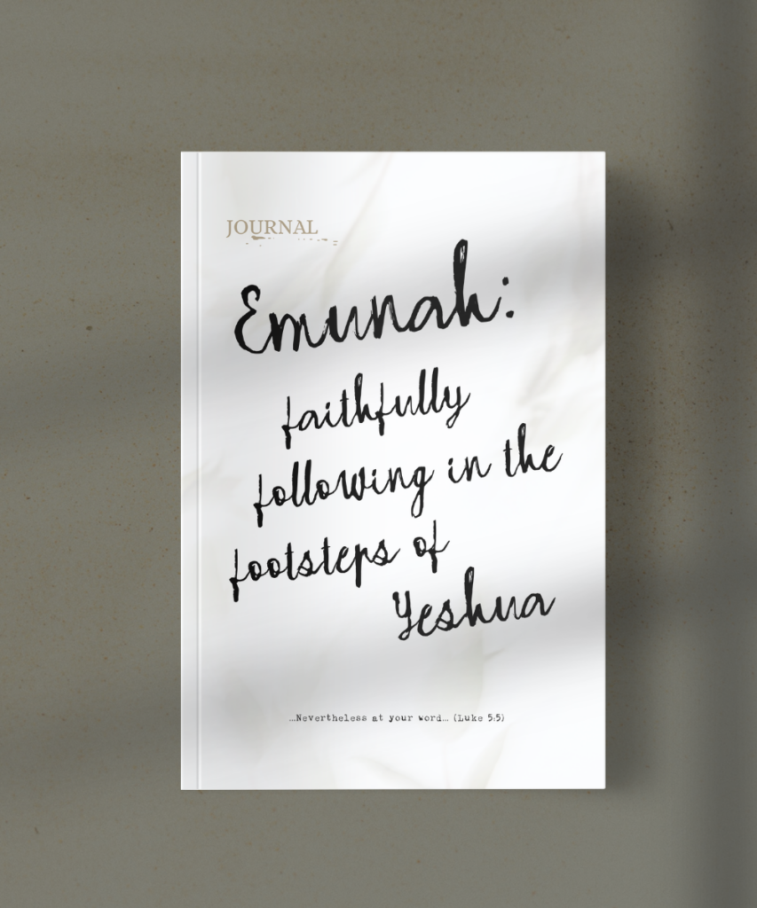 White journal cover titled 'Emunah: faithfully following in the footsteps of Yeshua' with a small 'Journal' text at the top left and a Bible verse at the bottom; the background is a soft, cloudy pattern.