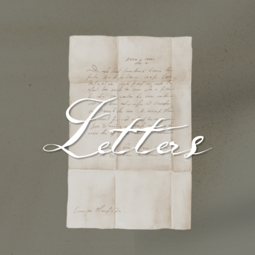 Decorative image of a folded, aged handwritten letter with a white calligraphic title reading 'Letters' across it, on a muted grey-green background.