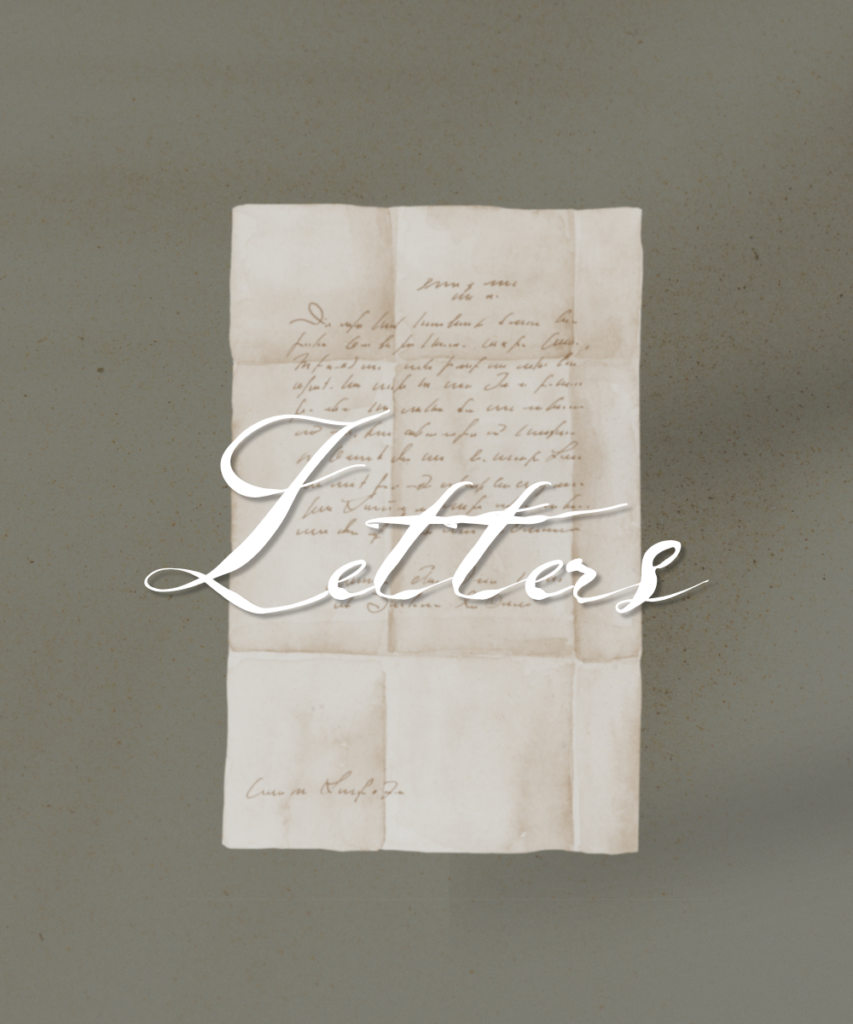 Decorative image of a folded, aged handwritten letter with a white calligraphic title reading 'Letters' across it, on a muted grey-green background.
