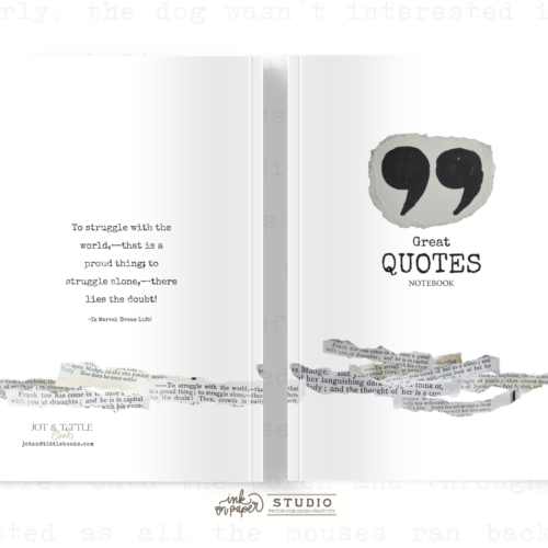 Two-page notebook cover spread showing a torn-paper quote design with a large quotation mark graphic and the words "Great QUOTES NOTEBOOK" on the right page.