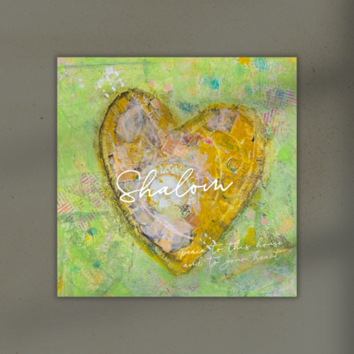 Abstract painting of a gold-and-orange heart with the word 'Shalom' across it on a bright green background, symbolizing peace at home.