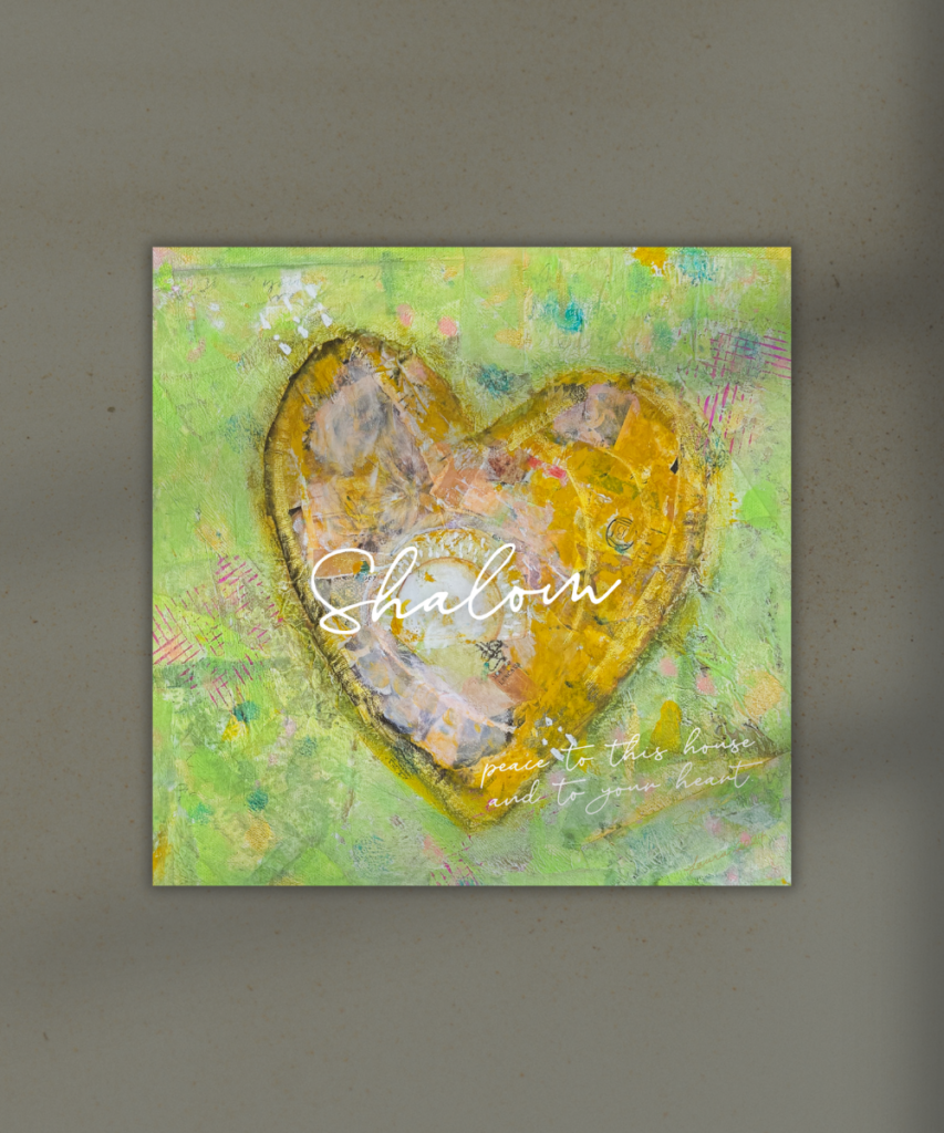 Abstract painting of a gold-and-orange heart with the word 'Shalom' across it on a bright green background, symbolizing peace at home.