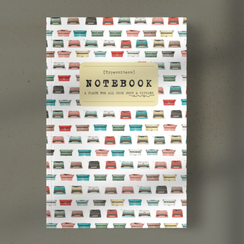 Notebook cover with a pattern of colorful vintage typewriters and a beige label reading NOTEBOOK.