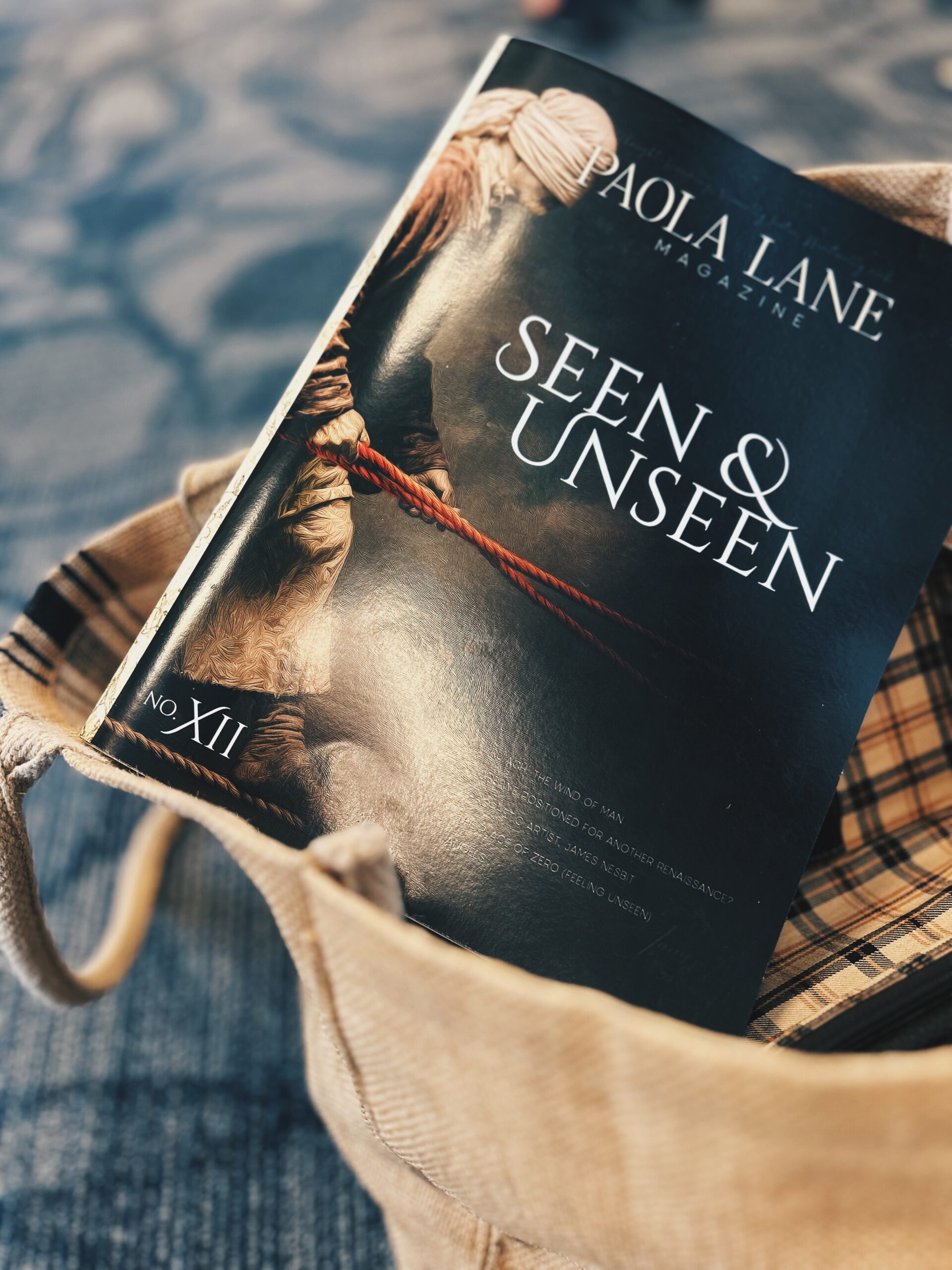 Close-up of Paola Lane Magazine cover reading 'Seen & Unseen' in a beige tote, resting on blue denim.