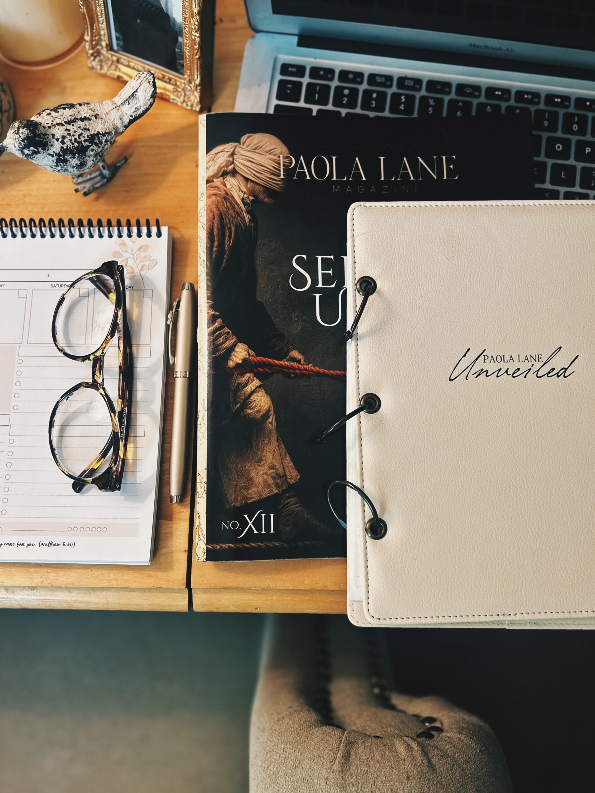 Top‑down desk scene featuring a Paola Lane magazine cover, a white binder, notebook, glasses, and a pen next to a laptop.